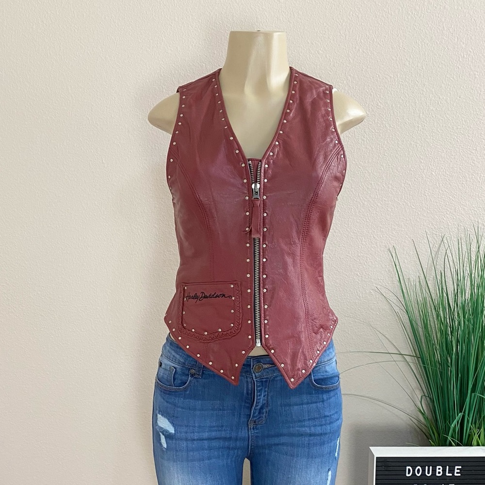 COPY - HARLEY-DAVIDSON | Red Leather Studded Zip Up Vest Size Medium